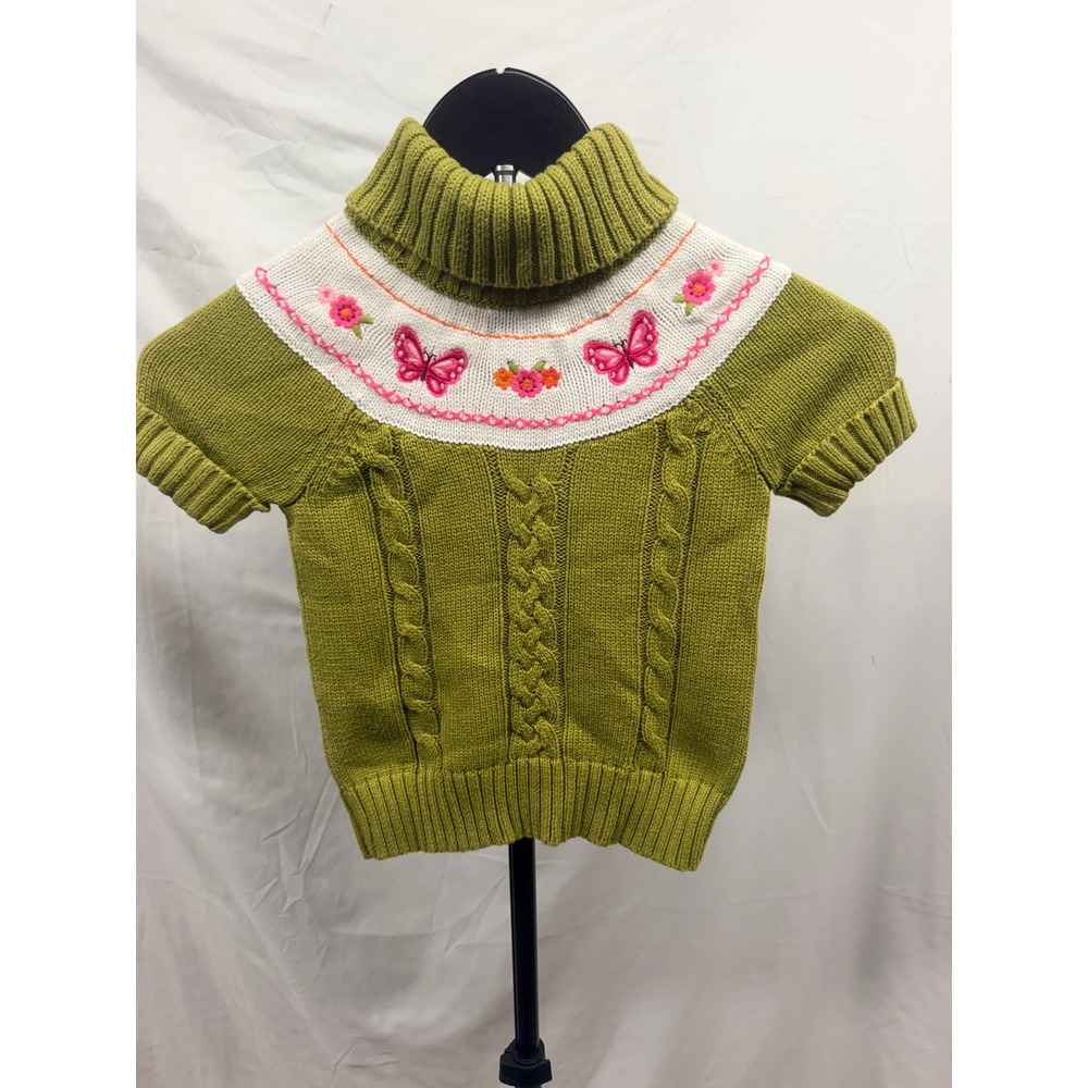 Y2K Gymboree Kids Olive Green Butterfly Embroidered Cable Knit Sweater XS 3-4